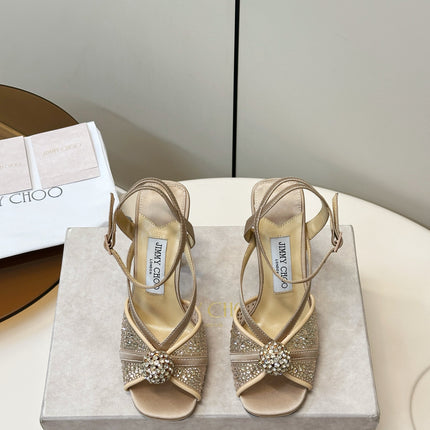 JIMMY CHOO 26S HEELED SANDALS 100 MM IN BEIGE CRYSTAL EMBELLISHMENT