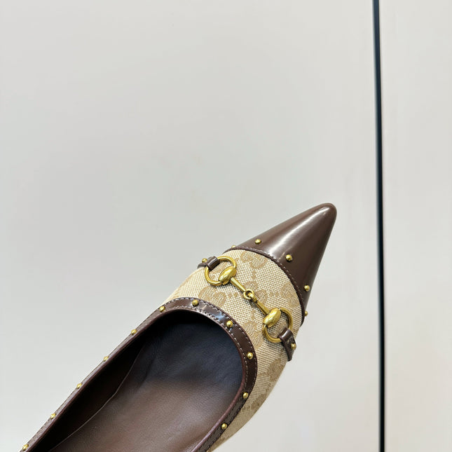 GUCCI 26S STUD BALLET FLATS IN BEIGE CANVAS AND BROWN CALFSKIN