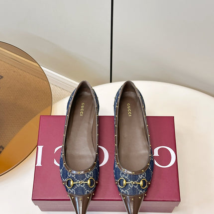 GUCCI 26S STUD BALLET FLATS IN BLUE DENIM AND BROWN CALFSKIN