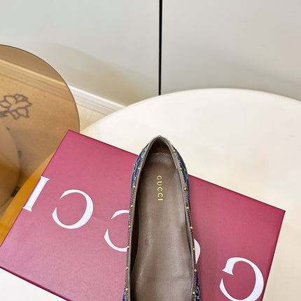 GUCCI 26S STUD BALLET FLATS IN BLUE DENIM AND BROWN CALFSKIN