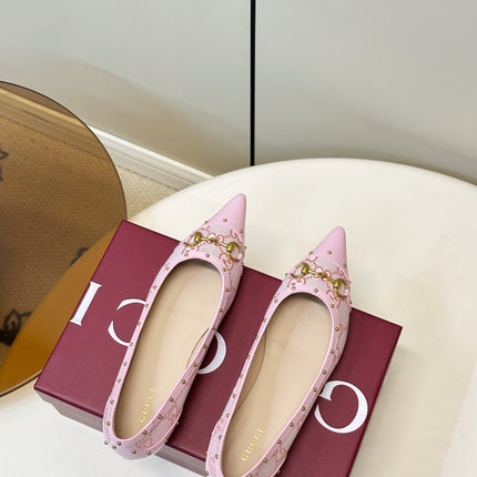 GUCCI 26S STUD BALLET FLATS IN LIGHT PINK CANVAS AND CALFSKIN