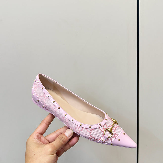 GUCCI 26S STUD BALLET FLATS IN LIGHT PINK CANVAS AND CALFSKIN
