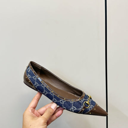GUCCI 26S STUD BALLET FLATS IN BLUE DENIM AND BROWN CALFSKIN