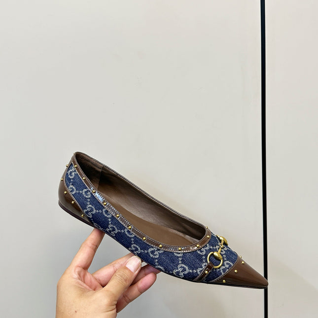 GUCCI 26S STUD BALLET FLATS IN BLUE DENIM AND BROWN CALFSKIN