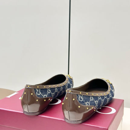 GUCCI 26S STUD BALLET FLATS IN BLUE DENIM AND BROWN CALFSKIN