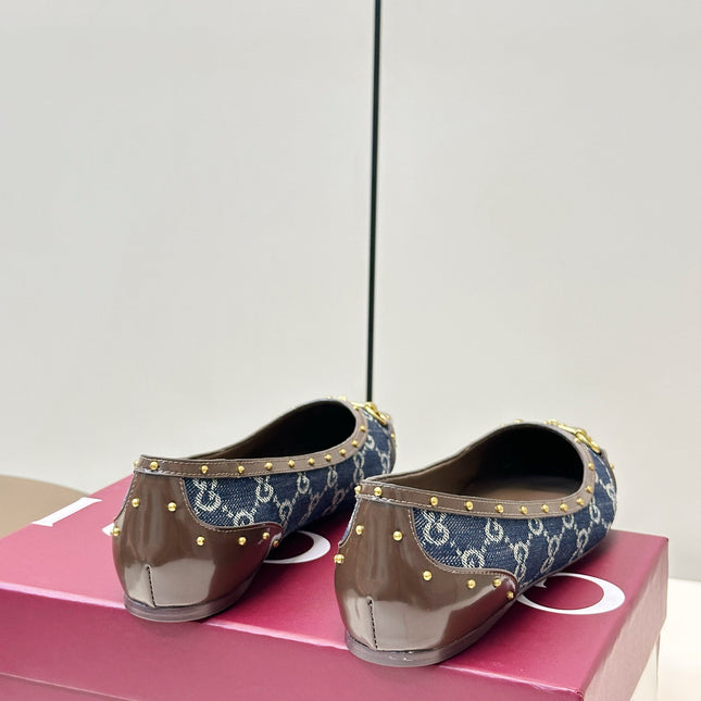 GUCCI 26S STUD BALLET FLATS IN BLUE DENIM AND BROWN CALFSKIN