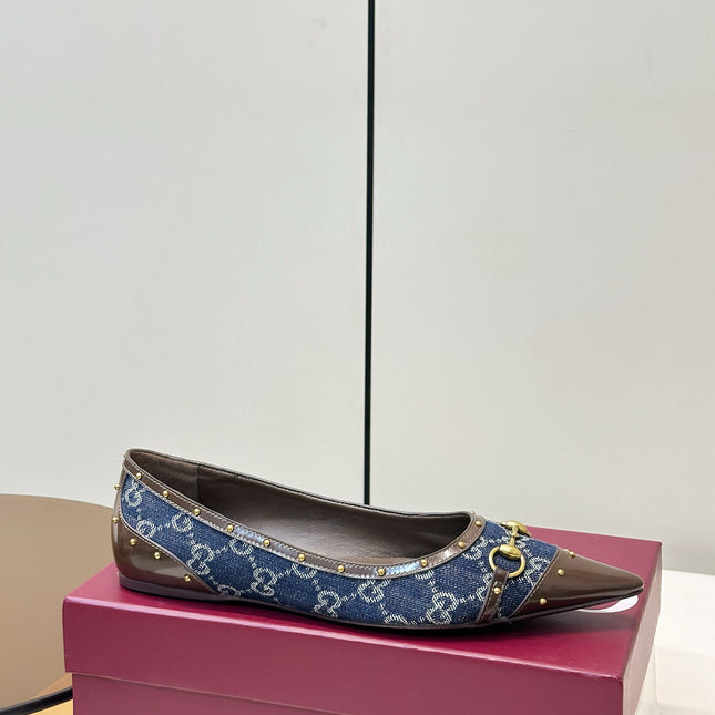 GUCCI 26S STUD BALLET FLATS IN BLUE DENIM AND BROWN CALFSKIN