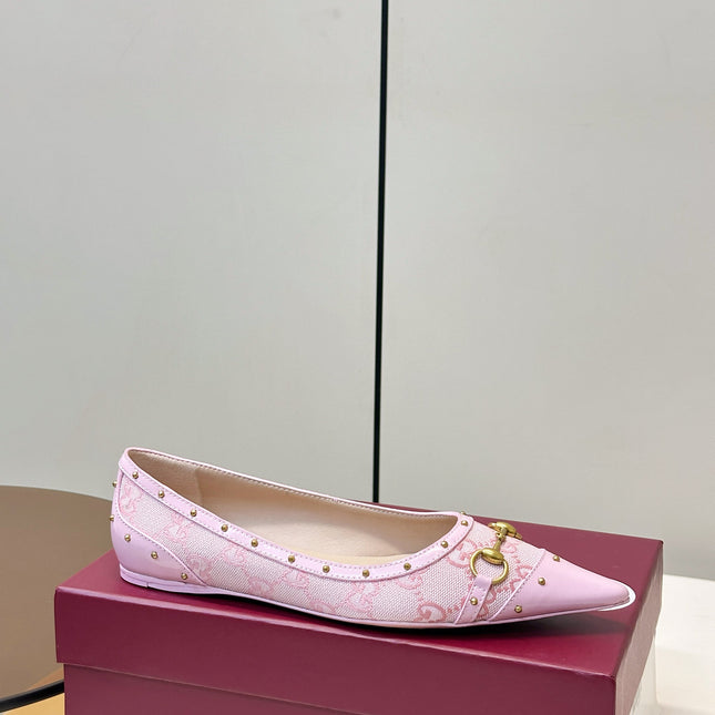 GUCCI 26S STUD BALLET FLATS IN LIGHT PINK CANVAS AND CALFSKIN