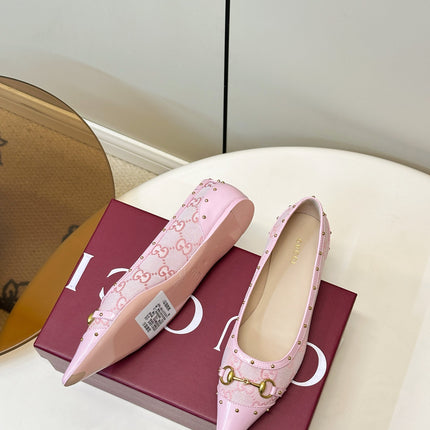 GUCCI 26S STUD BALLET FLATS IN LIGHT PINK CANVAS AND CALFSKIN