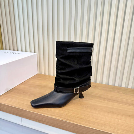 LOEWE 26S SLOUCHY MID CALF BOOTS IN BLACK SUEDE AND CALFSKIN SILVER HARDWARE