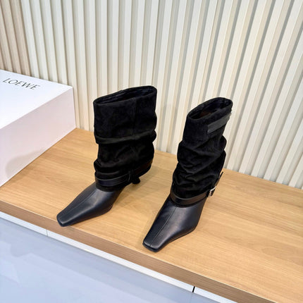 LOEWE 26S SLOUCHY MID CALF BOOTS IN BLACK SUEDE AND CALFSKIN SILVER HARDWARE