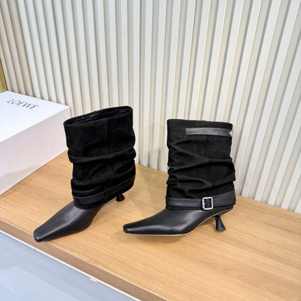 LOEWE 26S SLOUCHY MID CALF BOOTS IN BLACK SUEDE AND CALFSKIN SILVER HARDWARE