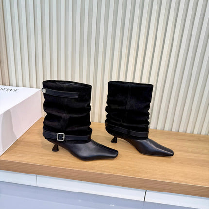 LOEWE 26S SLOUCHY MID CALF BOOTS IN BLACK SUEDE AND CALFSKIN SILVER HARDWARE