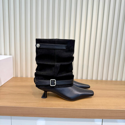 LOEWE 26S SLOUCHY MID CALF BOOTS IN BLACK SUEDE AND CALFSKIN SILVER HARDWARE