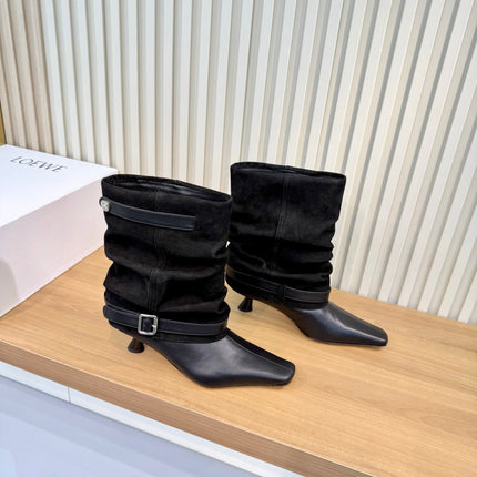 LOEWE 26S SLOUCHY MID CALF BOOTS IN BLACK SUEDE AND CALFSKIN SILVER HARDWARE