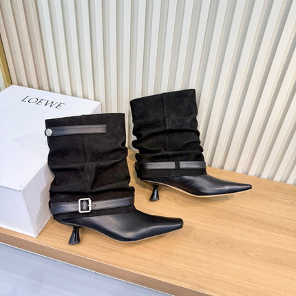 LOEWE 26S SLOUCHY MID CALF BOOTS IN BLACK SUEDE AND CALFSKIN SILVER HARDWARE