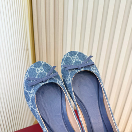 GUCCI 26S BALLET FLATS IN BLUE DENIM WITH GG LOGO PATTERN