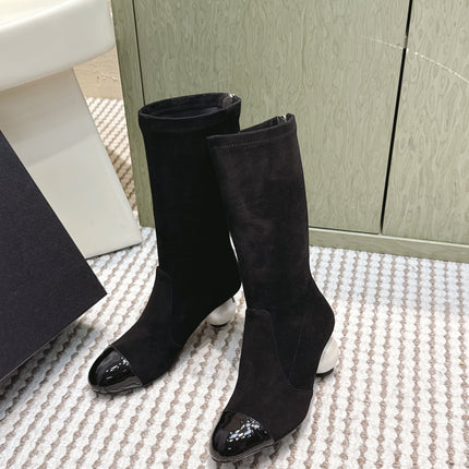CHANEL 25S PEARL BOOTS IN BLACK SUEDE AND PATENT CALFSKIN