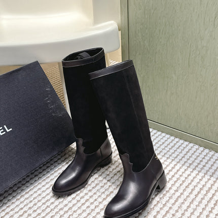 CHANEL 25S KNEE-HIGH BOOTS IN BLACK SUEDE AND CALFSKIN