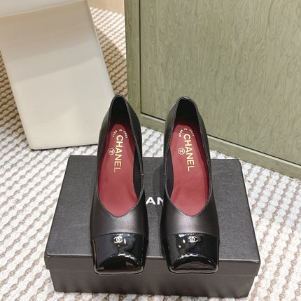 CHANEL 25S SQUARE-TOE HIGH HEELS 90MM IN BLACK CALFSKIN