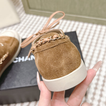CHANEL 25S MOCCASINS IN BROWN AND LIGHT GREY SUEDE