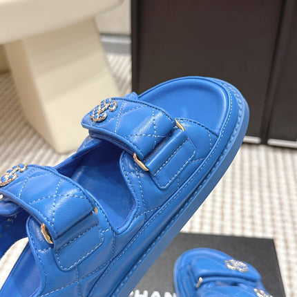 CHANEL 26S QUILTED DAD SANDALS IN BLUE CALFSKIN