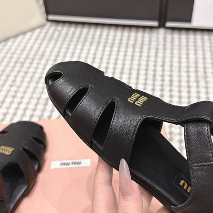 MIUMIU 26S RUCHES FISHERMAN SANDALS IN BLACK CALFSKIN GOLD HARDWARE