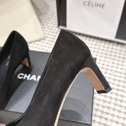 CHANEL 26S HIGH HEELS 75 MM IN BLACK SUEDE WITH GOLD-TONE CC LOGO