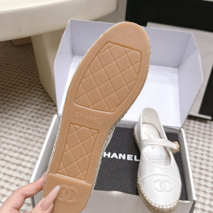 CHANEL 26S MARY JANE FLATS IN WHITE LAMBSKIN ESPADRILLE SOLE