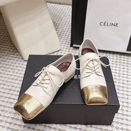 CHANEL 26S LACE-UP OXFORD SHOES IN LIGHT BEIGE CALFSKIN WITH GOLD TOE CAP