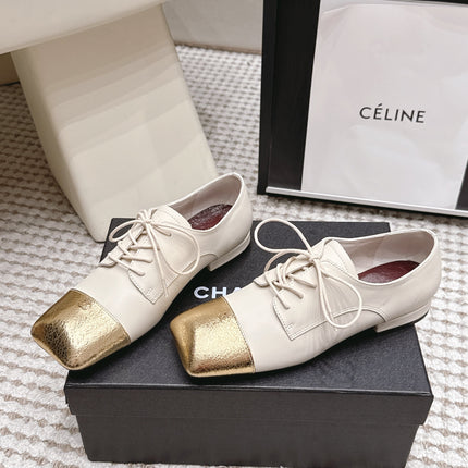 CHANEL 26S LACE-UP OXFORD SHOES IN LIGHT BEIGE CALFSKIN WITH GOLD TOE CAP