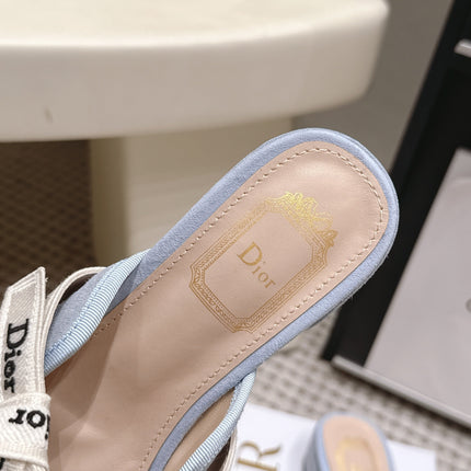 DIOR 26S CLOSED-TOE LOW-HEEL MULE IN LIGHT BLUE SUEDE WITH BOW