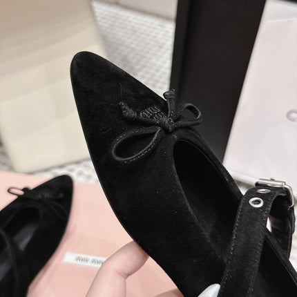 MIUMIU 26S MARY JANE BALLET IN BLACK SUEDE WITH BUCKLE STRAP