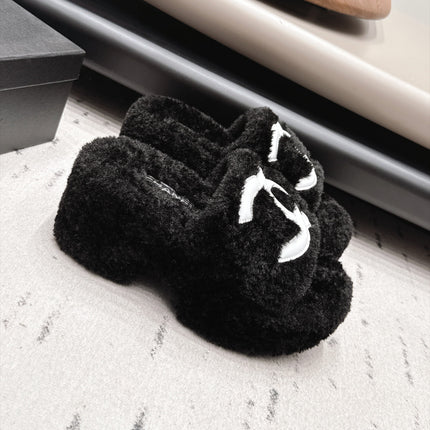CHANEL 26S HIGH HEEL MULES IN BLACK SHEARLING