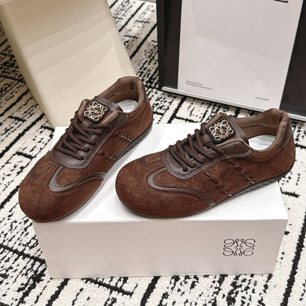 LOEWE 26S LOW TOP SNEAKERS IN DARK BROWN SUEDE WITH CALFSKIN TRIM