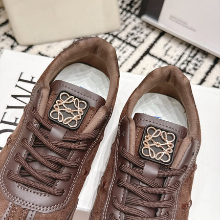 LOEWE 26S LOW TOP SNEAKERS IN DARK BROWN SUEDE WITH CALFSKIN TRIM