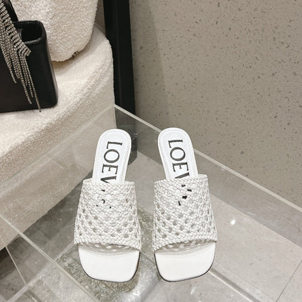 LOEWE 26S WOVEN HEEL SANDALS 50 MM IN WHITE LAMBSKIN