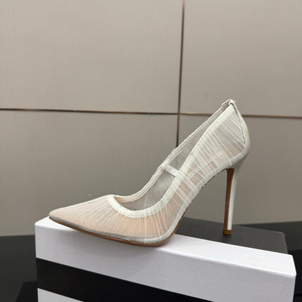 AQUAZZURA 26S OPTIC PUMPS 100 MM IN WHITE PLEATED MESH & SATIN