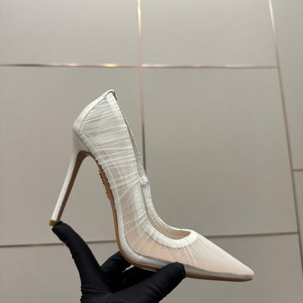 AQUAZZURA 26S OPTIC PUMPS 100 MM IN WHITE PLEATED MESH & SATIN