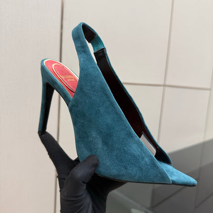 VALENTINO 26S POINTED-TOE SLINGBACKS IN TEAL BLUE SUEDE