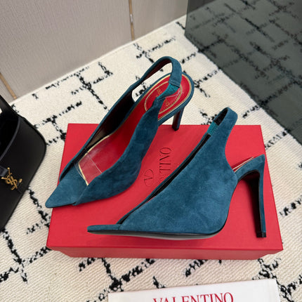VALENTINO 26S POINTED-TOE SLINGBACKS IN TEAL BLUE SUEDE