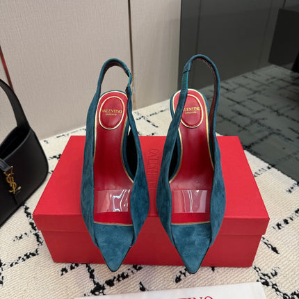 VALENTINO 26S POINTED-TOE SLINGBACKS IN TEAL BLUE SUEDE