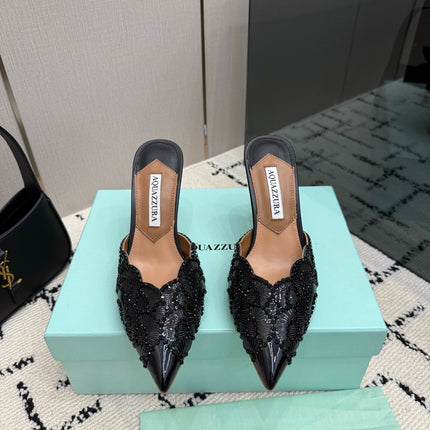 AQUAZZURA 26S HEEL MULES 85 MM IN BLACK SEQUIN AND CALFSKIN