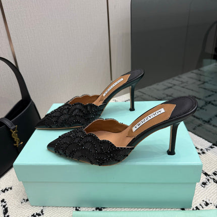 AQUAZZURA 26S HEEL MULES 85 MM IN BLACK SEQUIN AND CALFSKIN