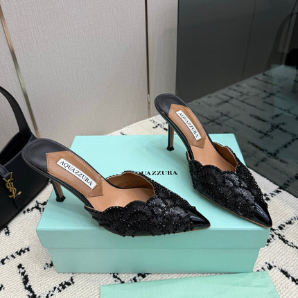 AQUAZZURA 26S HEEL MULES 85 MM IN BLACK SEQUIN AND CALFSKIN