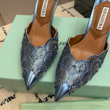 AQUAZZURA 26S HEEL MULES 85 MM IN METALLIC BLUE SEQUIN AND CALFSKIN