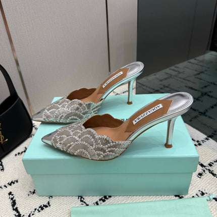 AQUAZZURA 26S HEEL MULES 85 MM IN SILVER SEQUIN AND CALFSKIN