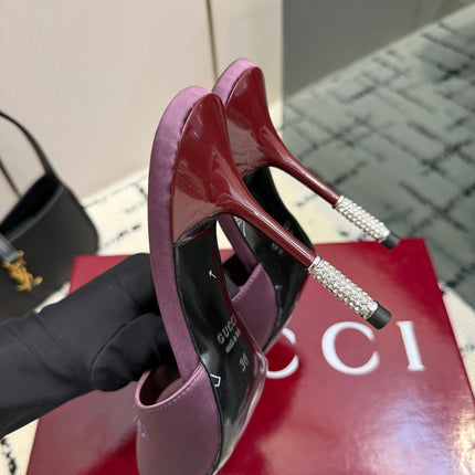 GUCCI 26S CRYSTAL-HEEL SANDALS 100 MM IN DARK PURPLE SATIN