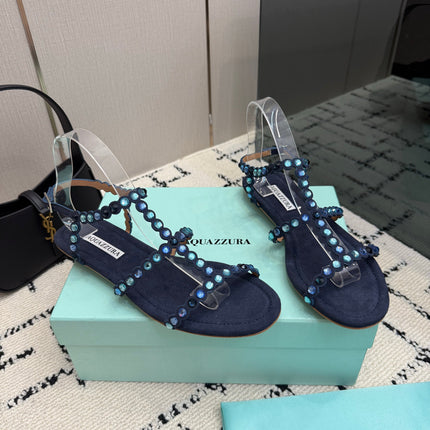 AQUAZZURA 26S FLAT SANDALS IN NAVY BLUE SUEDE CRYSTAL-EMBELLISHED