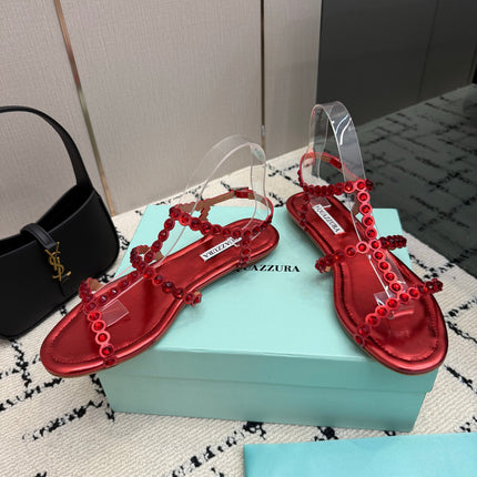 AQUAZZURA 26S FLAT SANDALS IN METALLIC RED LAMBSKIN CRYSTAL-EMBELLISHED